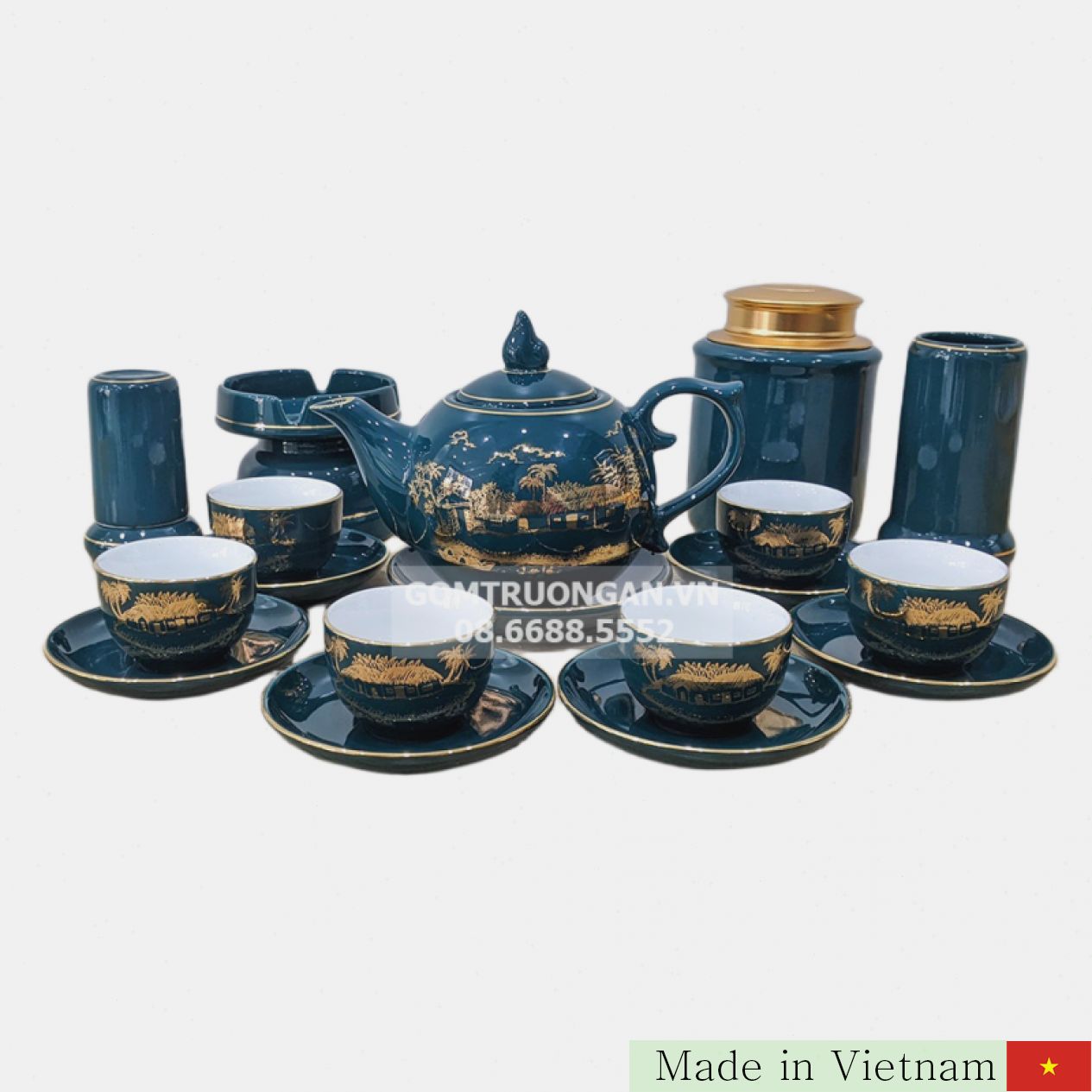 Mallard 청자 금박 무늬 18K 고급 Bát Tràng 차 세트 