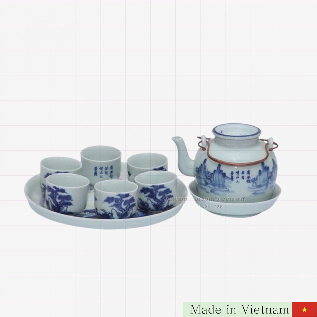 산수화 전통 청자 다기 세트 7pcs 정통 Bát Tràng 