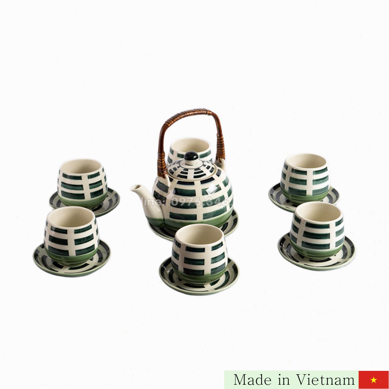 Bộ Ấm Chén Kẻ Xanh Quai Mây Độc Đáo 600ml Quà Tặng Ý Nghĩa 