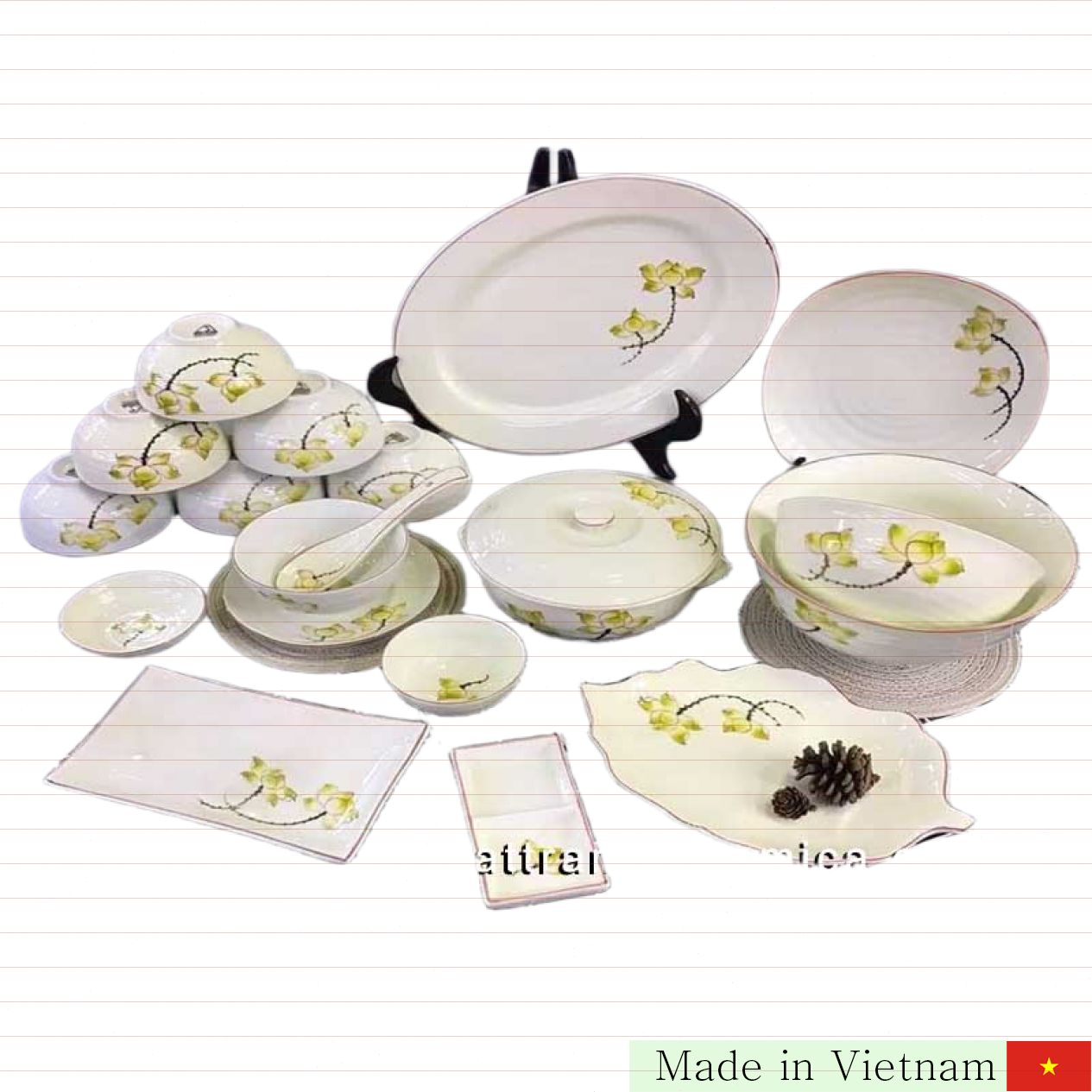 바트짱 19pcs 황금 연꽃 무늬 크림색 식기 세트 