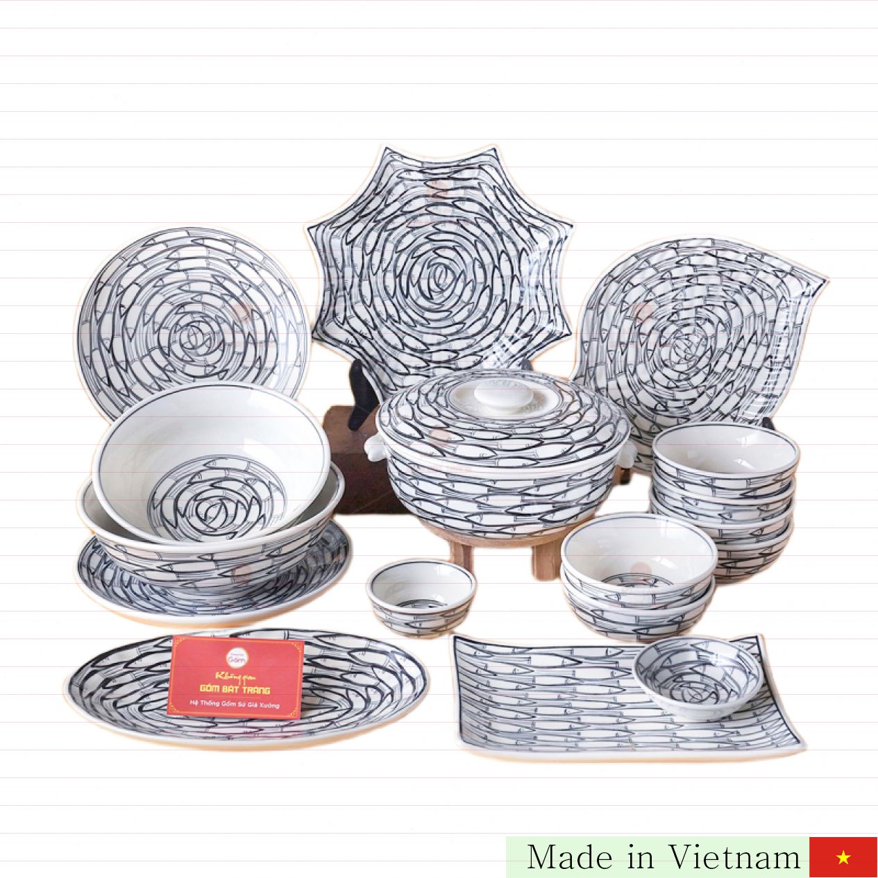 Bộ Bát Đĩa Men Trắng Vẽ Cá Đàn Cao Cấp Gốm Bát Tràng Sang Trọng 