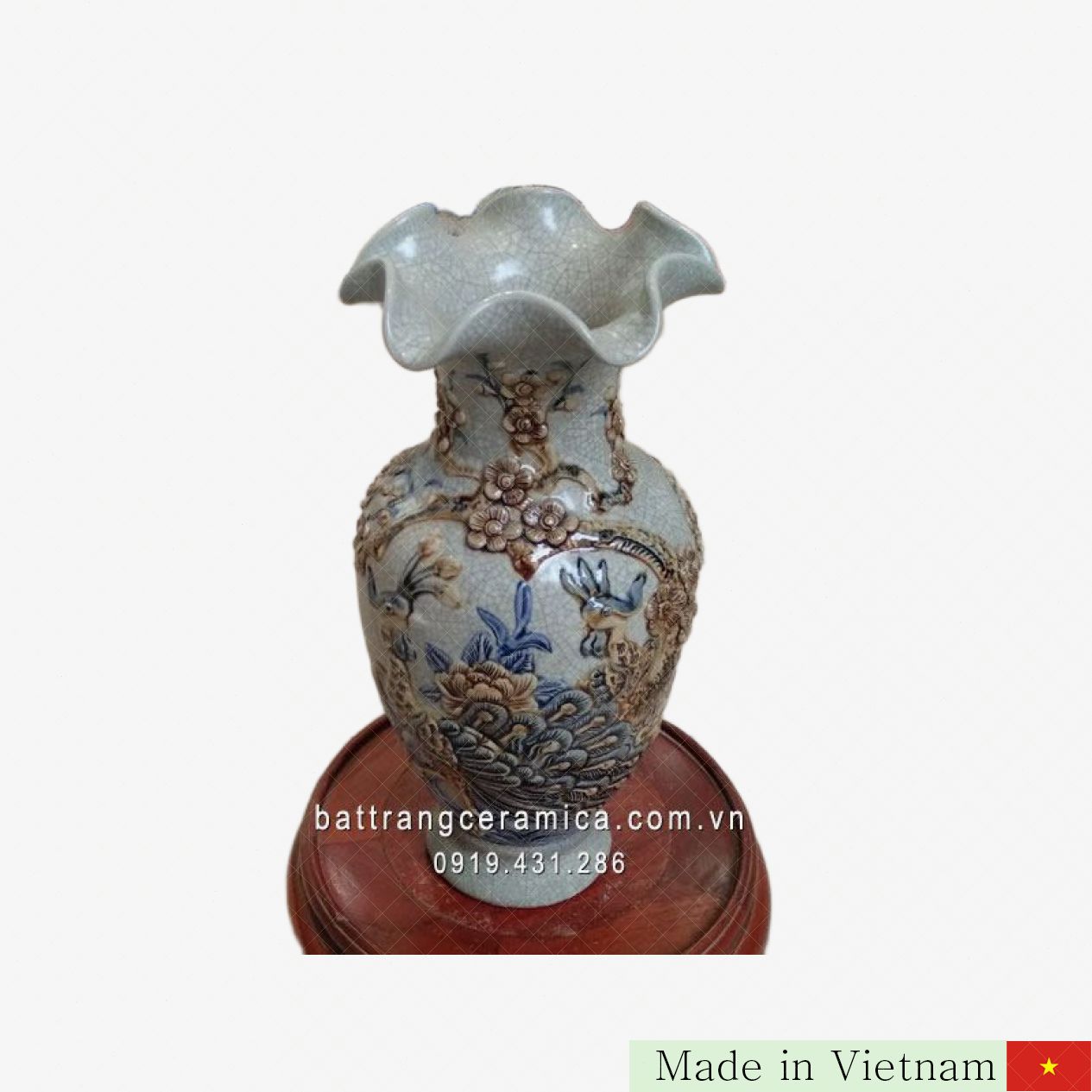 Lọ Loe Công Đào Men Rạn 32cm Biểu Tượng Giàu Sang Quyền Uy Phong Thủy 