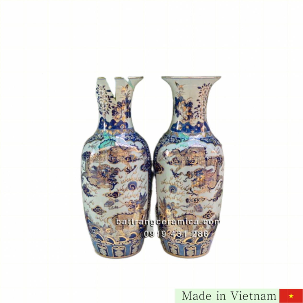 Lọ Lộc Bình Vẽ Vàng Tứ Linh 60cm Gốm Sứ Bát Tràng Cao Cấp Thủ Công 