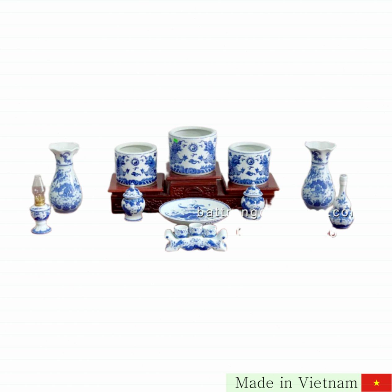 Bộ Đồ Thờ Gia Tiên Bát Tràng Men Xanh Lam Cao Cấp Đầy Đủ Tiện Ích 