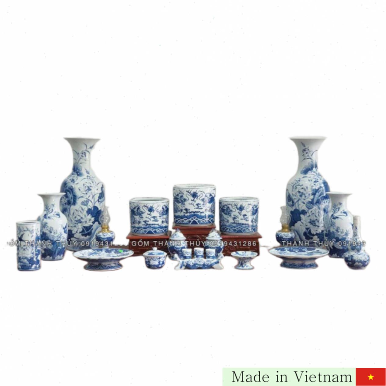 Bộ đồ thờ men lam Phú Quý Bát Tràng cao cấp truyền thống 