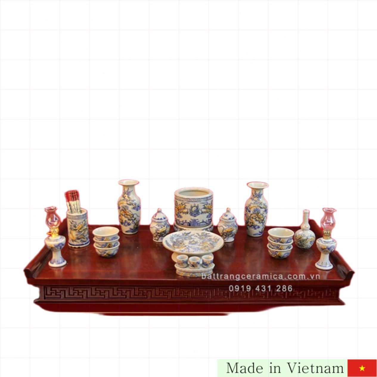 Bộ đồ thờ cúng Phúc Ấm Gia Tiên phù hợp bàn thờ hiện đại 