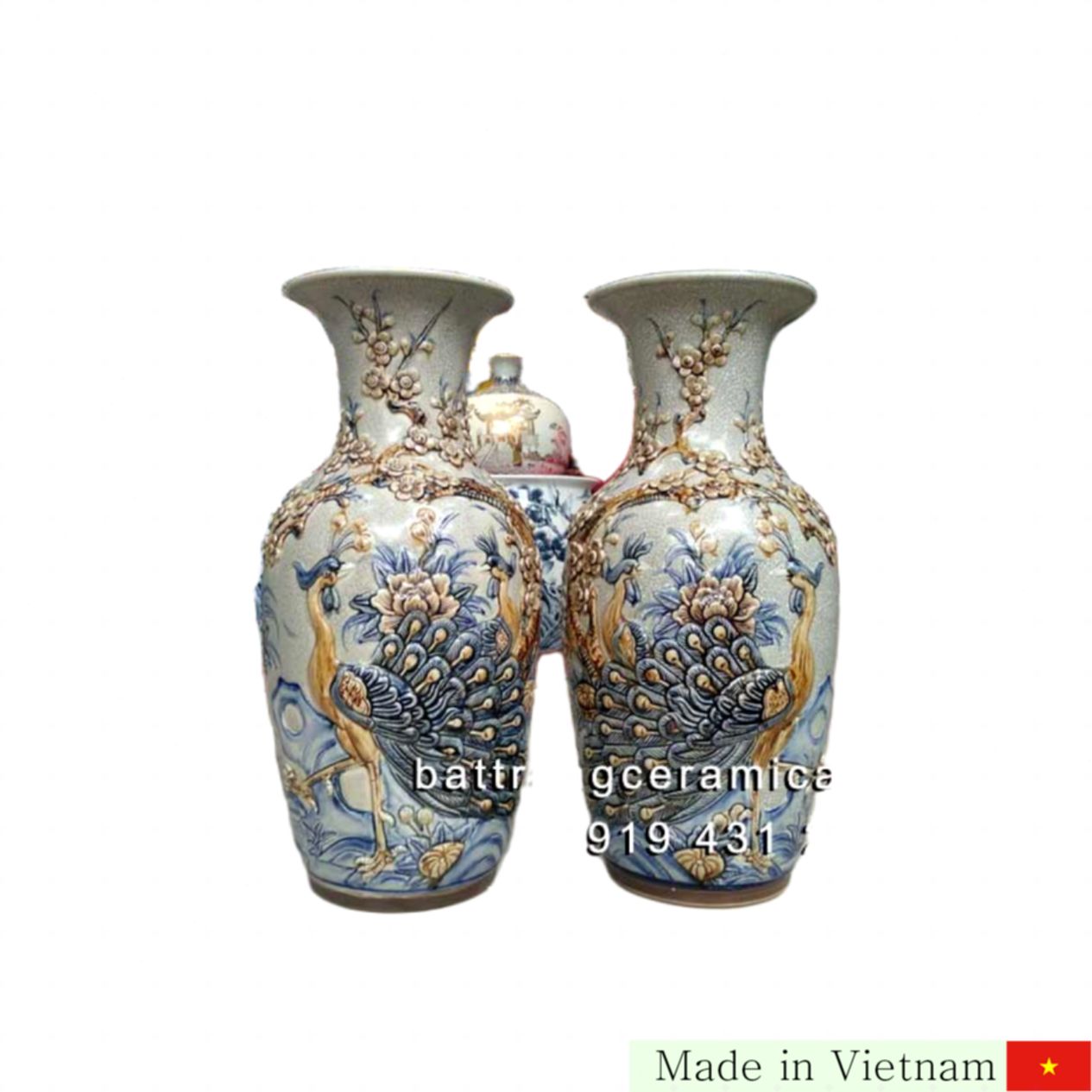 Lộc Bình Công Đào Men Rạn 47cm Dáng Béo Phong Thủy Thu Hút Tài Lộc 