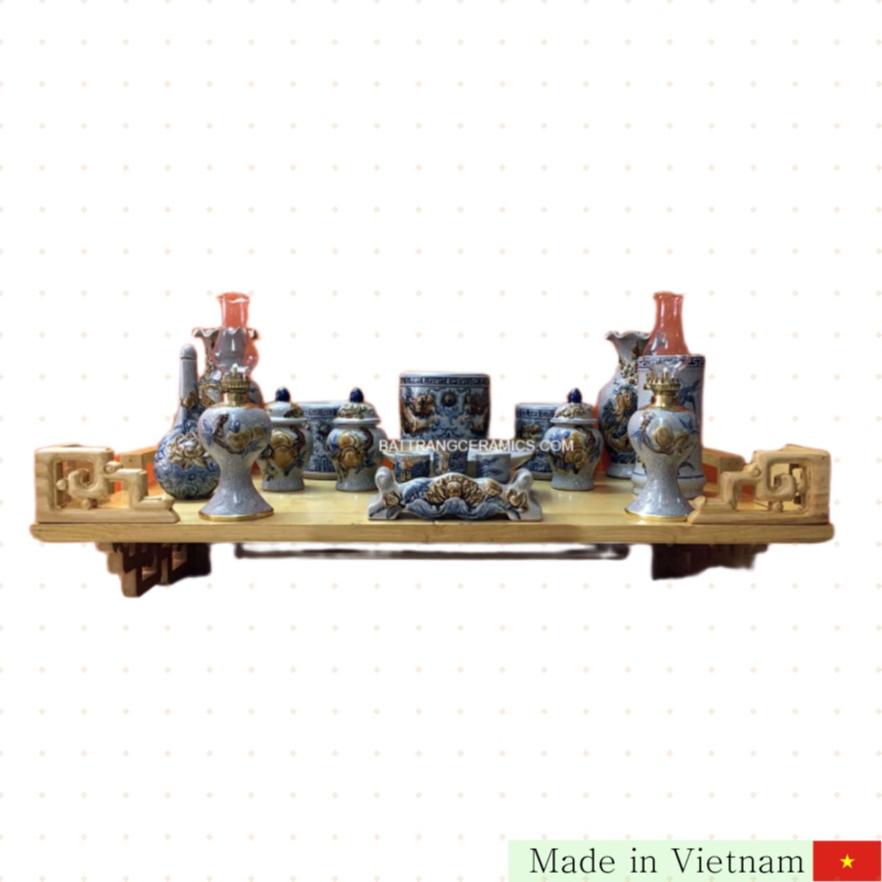 Bộ Đồ Thờ Men Rạn Đắp Nổi 3 Bát Hương Gốm Sứ Bát Tràng Sang Trọng 