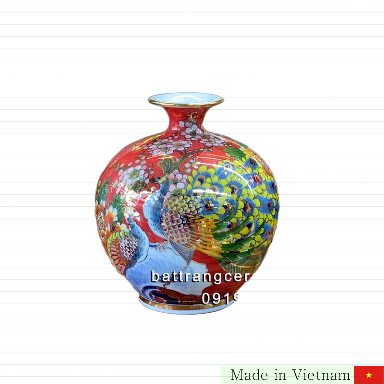 Bình hút lộc đỏ chim công hoa đào vẽ vàng 25cm cao cấp 