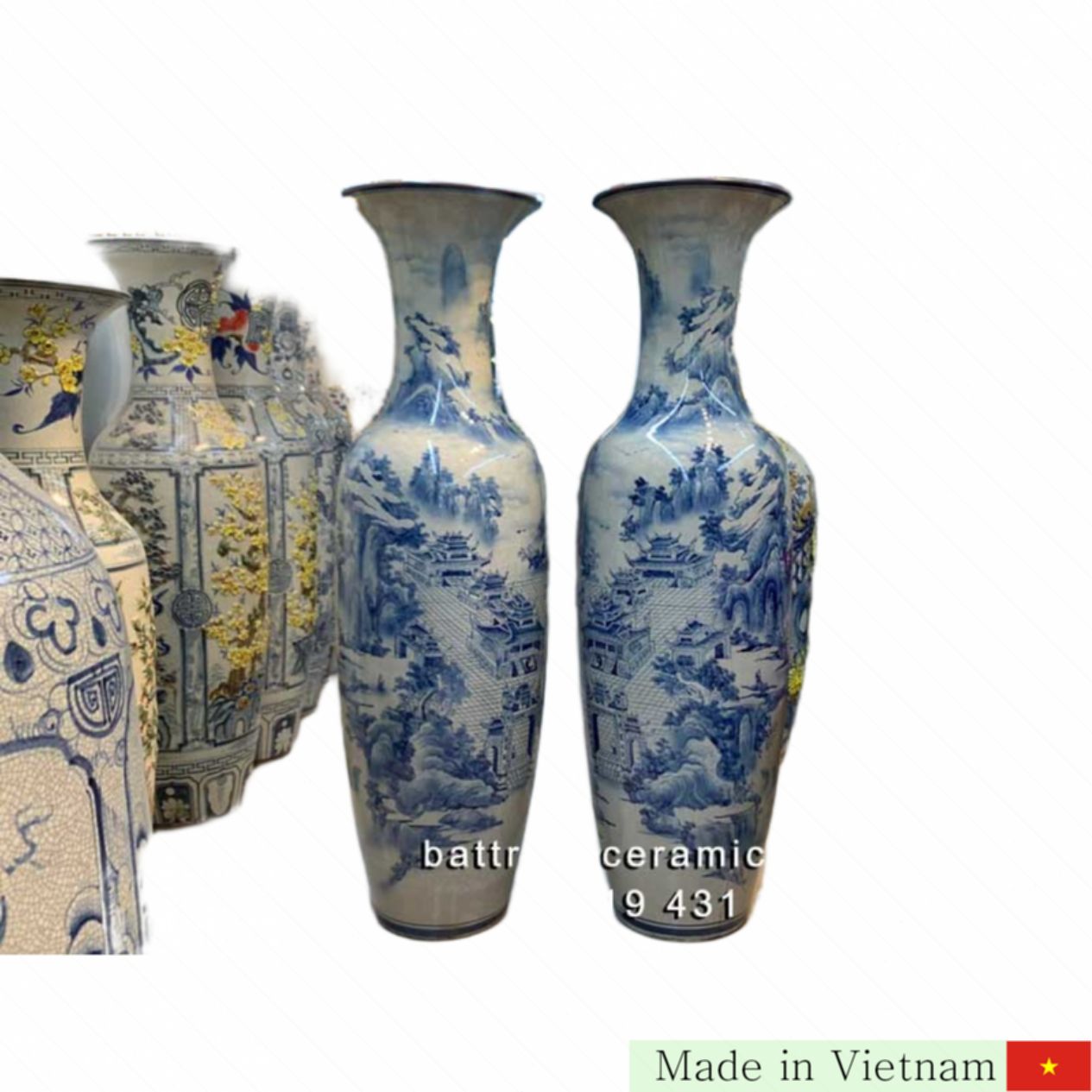1.4m 청자 산수 3D 무늬 광택 로크 화병 고급 인테리어 