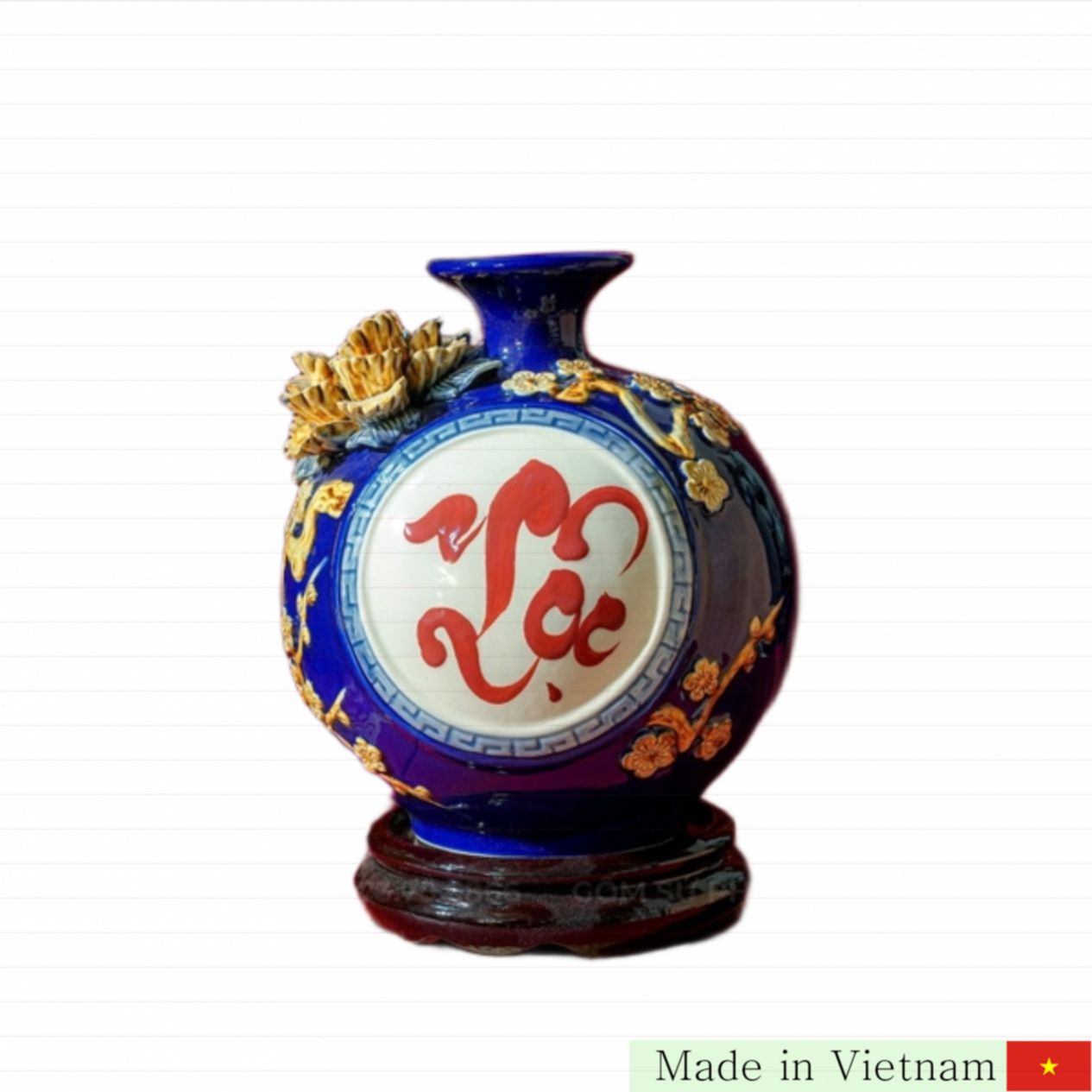 Bình Hút Lộc Men Xanh Cobalt Đắp Nổi Phúc Lộc Viên Minh Gốm Bát Tràng 