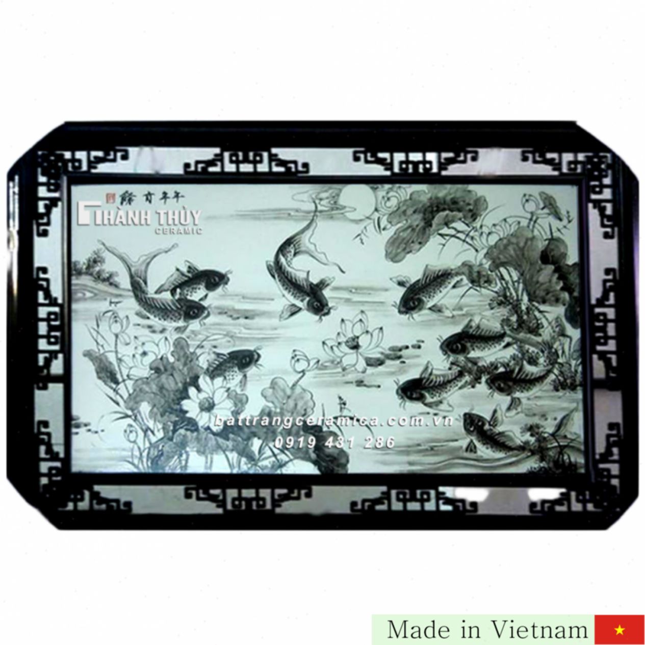 흑백 아홉 마리 잉어 떼 도자기 회화 64x98cm 
