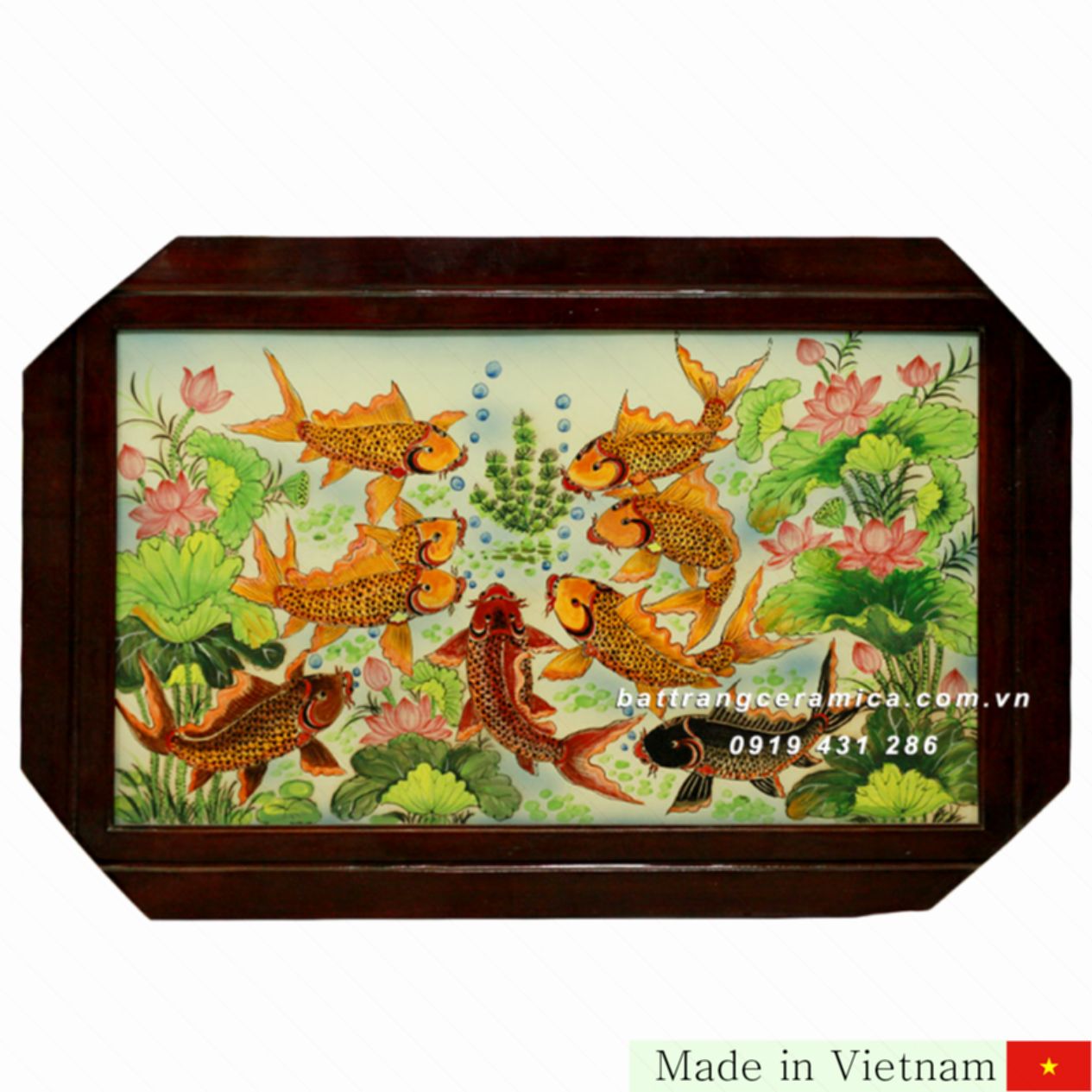 60x90cm 아홉 마리 물고기 도자기 그림 - 연꽃과 행운 상징 