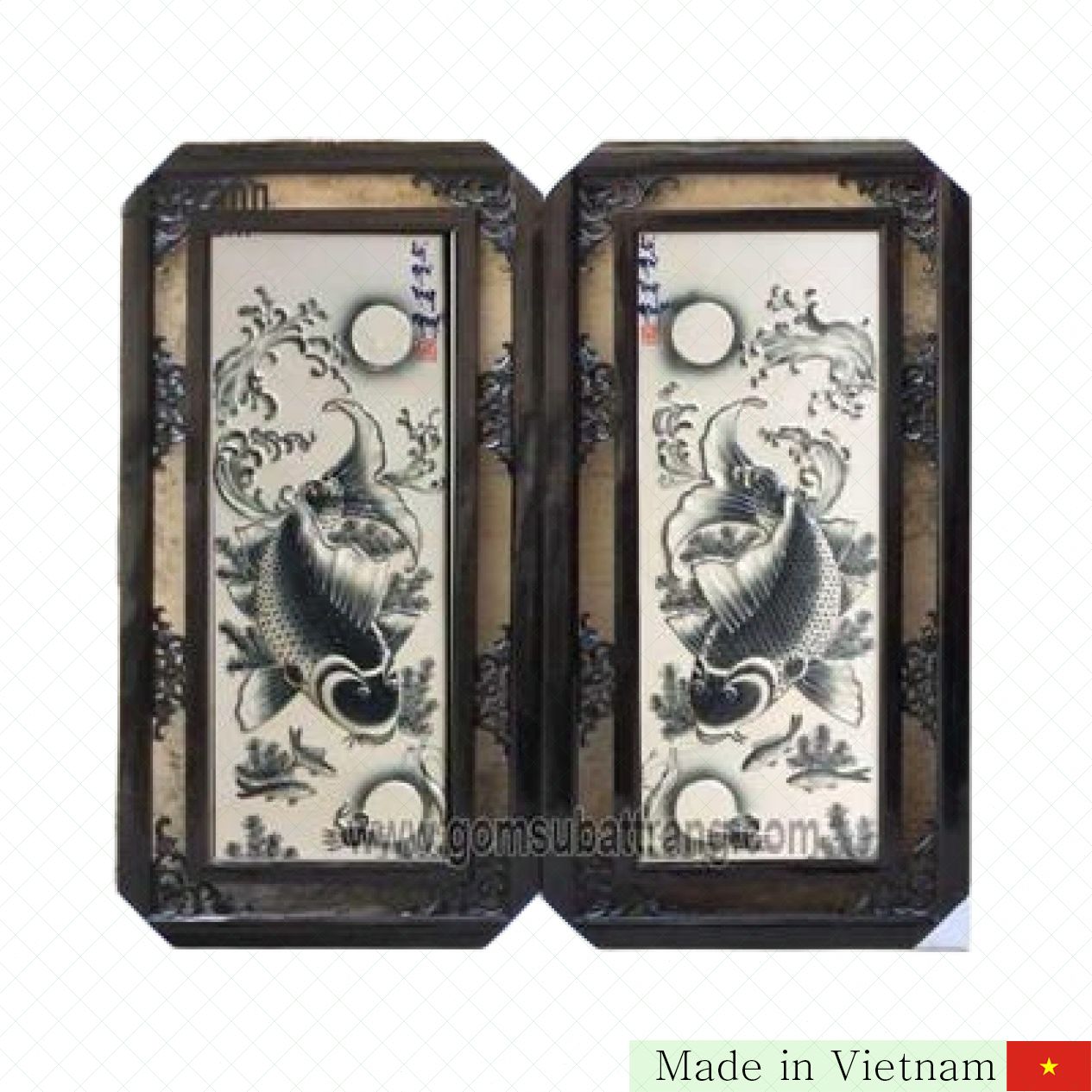 Tranh Lý Ngư Vọng Nguyệt Men Đen Đắp Nổi 105x50cm Nghệ Thuật Tinh Xảo 
