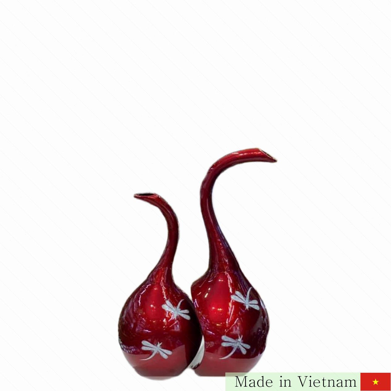 붉은 바탕 잠자리 그림 수공 매화꽃 도자기 화병 
