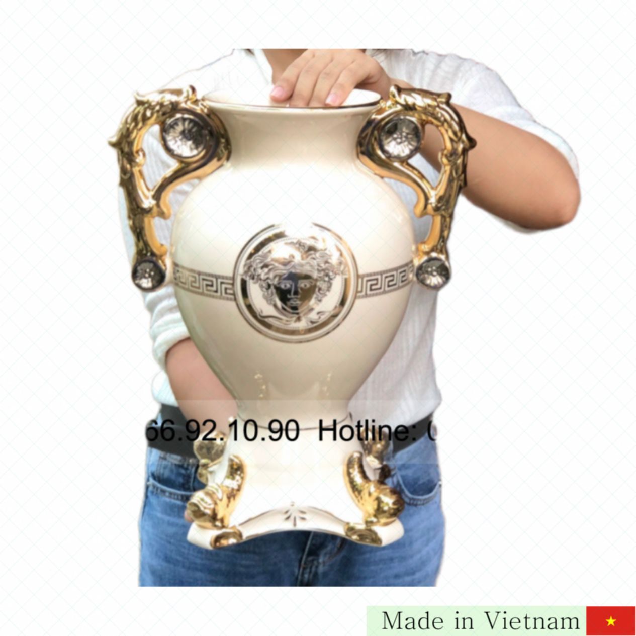 고급 도자기 금박 베르사체 꽃병 H39cm 은은한 흰색 인테리어 소품 