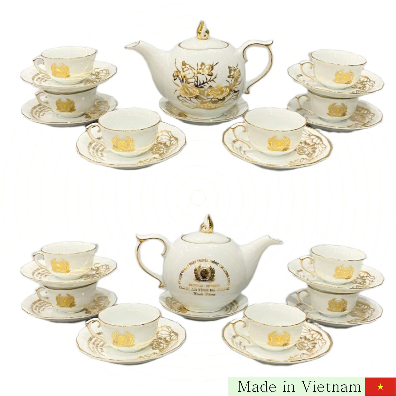 Bộ Ấm Chén Mẫu Đơn ACVK9C Men Trắng Cao Cấp Bát Tràng Sang Trọng 