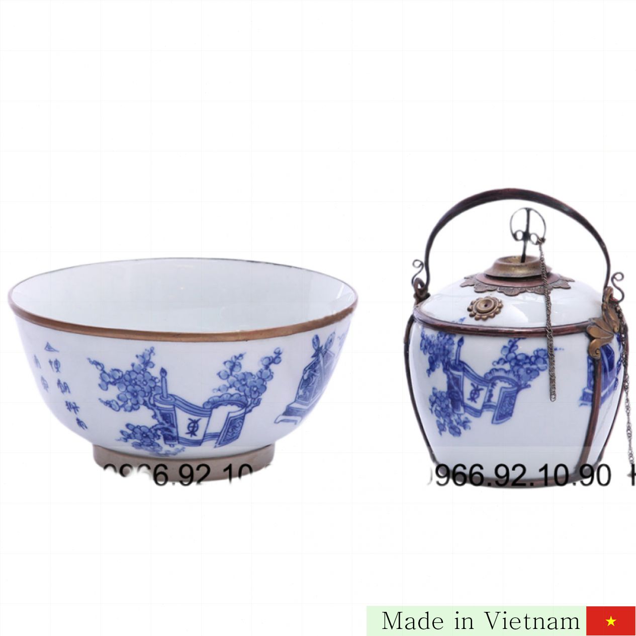 Điếu bát bọc đồng men lam cổ đường kính 20cm thủ công tinh xảo 
