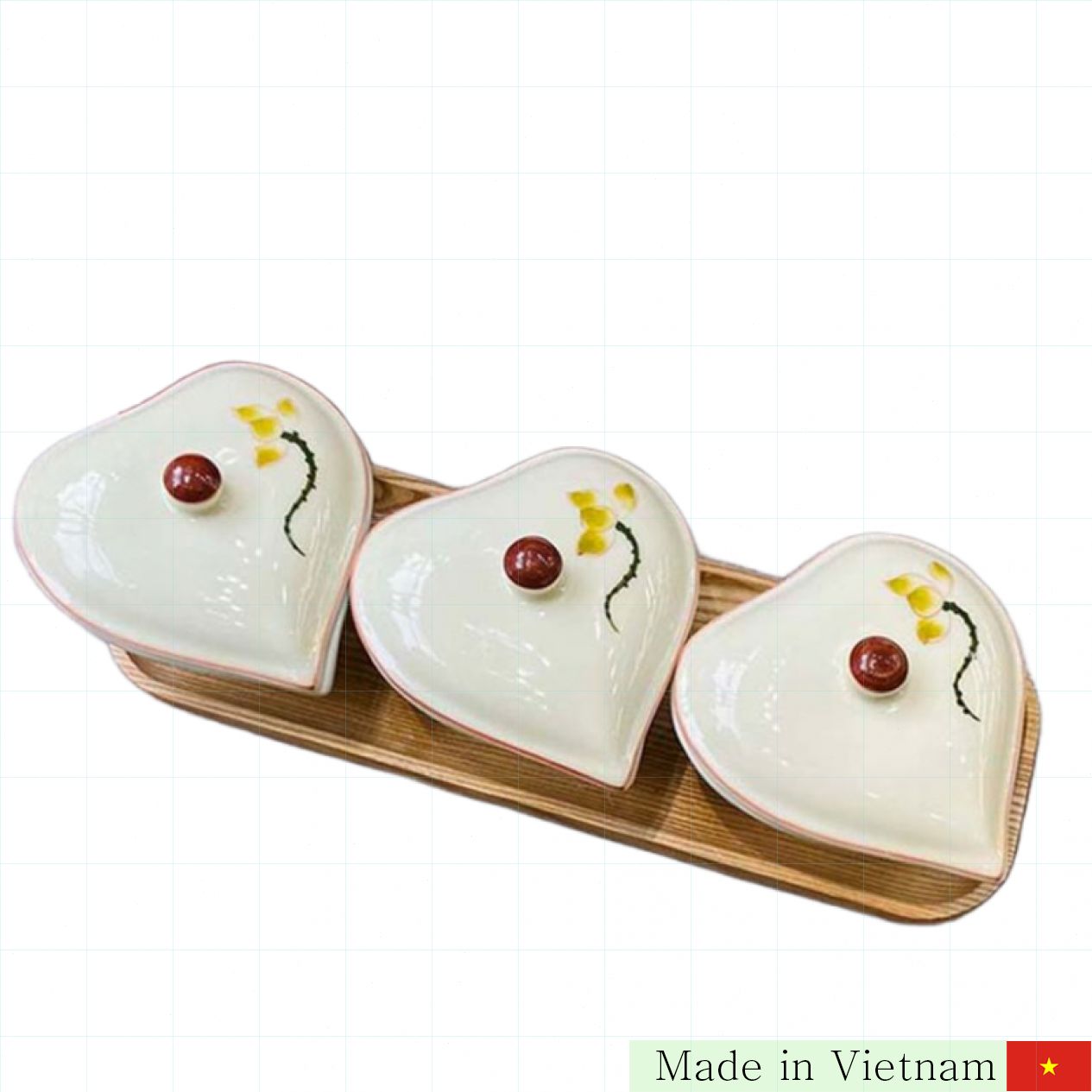Bộ khay mứt Tết gốm sứ bát tim 3 hũ sen xanh độc đáo 