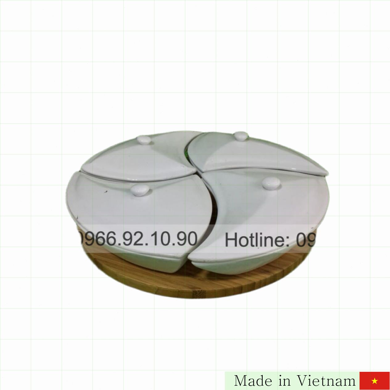 30cm 4칸 나무 쟁반 포함 흰색 Bát Tràng 설탕 접시 세트 