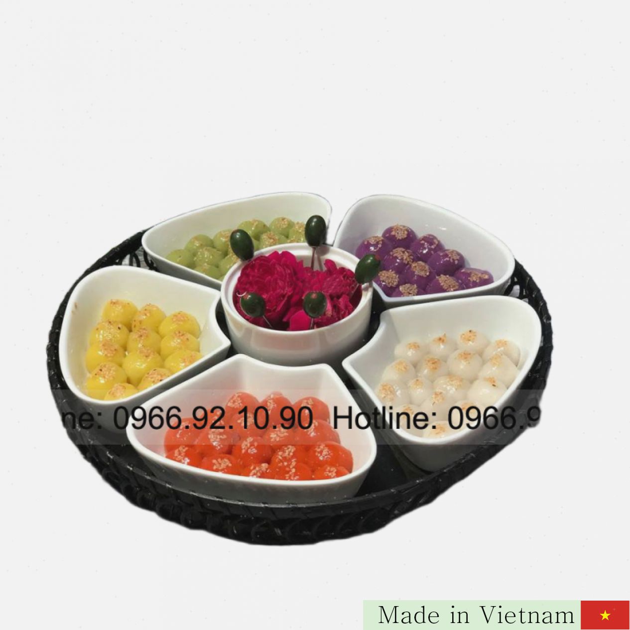 바트짱 백자 매화꽃 5칸 찬합 세트 + 대나무 쟁반 